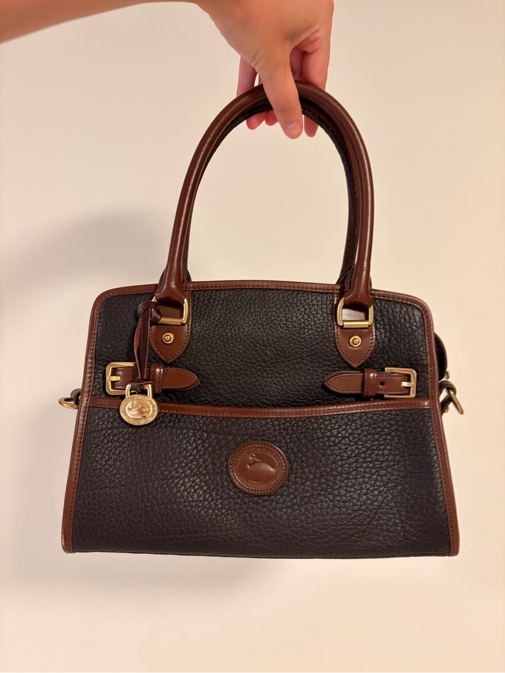 Vintage Dooney & Bourke Black Pebbled Leather Satchel with Brown Trim